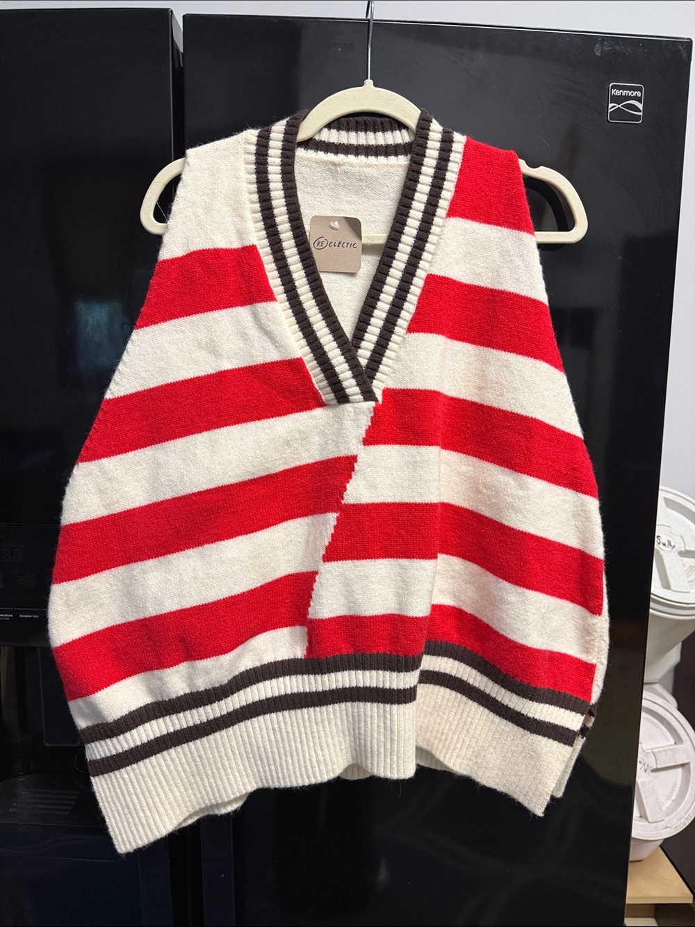 Anthropologie Women’s Oversized Red & Cream Striped V-Neck Sweater Vest NWT